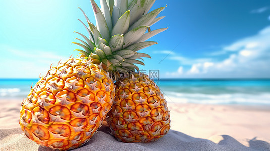 令人惊叹的 3D 海边沙滩上营养多汁的菠萝的特写