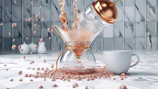 卡咖啡背景图片_水磨石大理石咖啡滴头和各种冲泡方法的 3D 插图