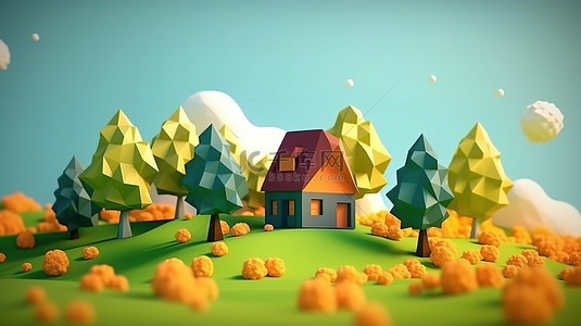 迷人的乡村场景与 3D 建模的多边形树木和房子