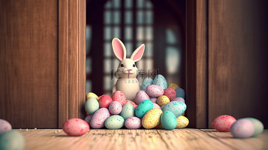 可爱兔子耳朵背景图片_复活节兔子耳朵从敞开的门中弹出的 3D 插图，周围有复活节彩蛋和复制空间