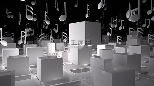 空的白色方块伴随着 3D 渲染的音符