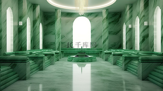 具有绿色大理石饰面的当代土耳其浴室的 3D 渲染