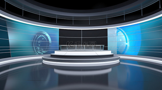 设计舞台背景背景图片_虚拟新闻演播室背景的 3D 插图，墙上电视作为布景设计