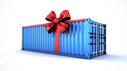 庆祝免费送货白色背景与 3D 渲染蓝色货运集装箱绑着红丝带和蝴蝶结
