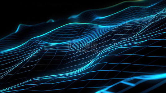 几何波浪条纹 3D 插图黑色立体条带抽象蓝色发光交叉线图案