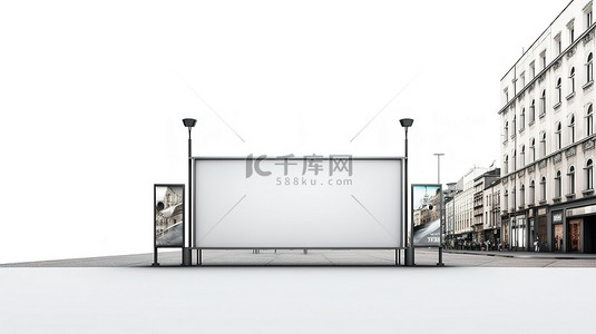 水平街道灯箱海报样机的孤立白色背景 3D 渲染