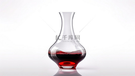 白色背景 3D 渲染上的红酒倒入玻璃水晶醒酒器中