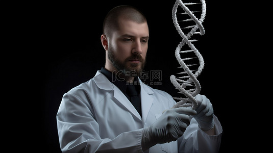 手拿手机的男子背景图片_具有三维 DNA 模型的医疗专业人员