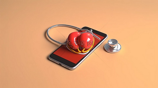 检查医生背景图片_听诊器在手机屏幕上检查健康状况的等距 3D 插图