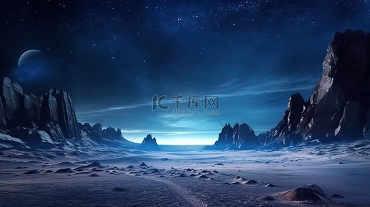 月天空背景图片_月下山谷的夜间 3D 渲染
