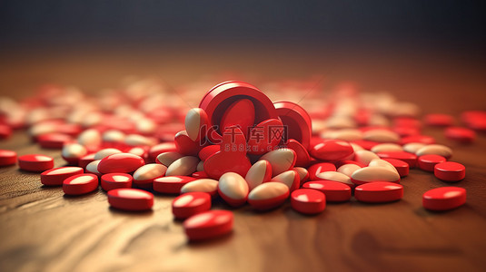 药丸形背景图片_木桌上一堆心形医疗药丸的 3D 渲染，用于医疗保健