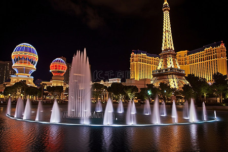 旅游酒店背景图片_拉斯维加斯和夜晚的喷泉 拉斯维加斯酒店和埃菲尔铁塔