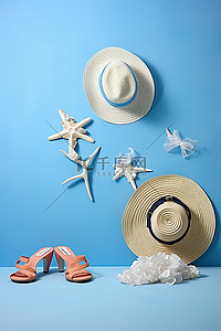 泳装背景图片_浅蓝色墙壁附近的贝壳和人字拖，以及圆点设计的草帽