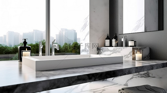 现代浴室内部蒙太奇大理石桌面的当代 3D 渲染