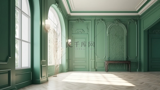 沐浴在晨光中的 3D 渲染客厅中的豪华绿色石膏墙造型