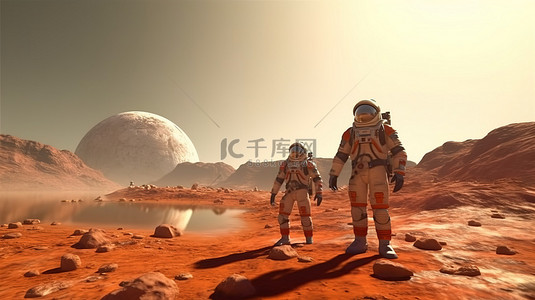 探索红色星球宇航员在 3D 概念艺术中着陆火星