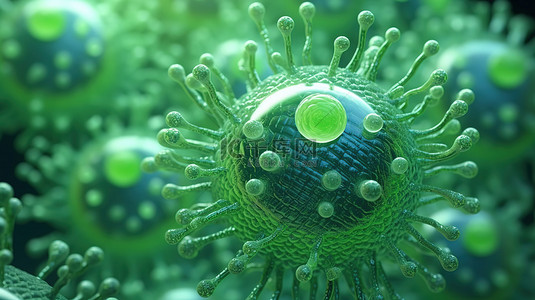 医疗绿色背景图片_具有绿色果冻状外观的威胁性微观病毒的 3D 渲染图