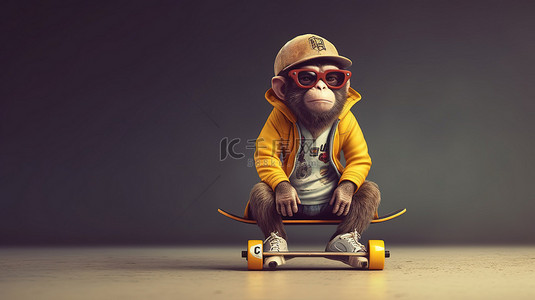 滑板时髦猴子的 rad 3d 渲染