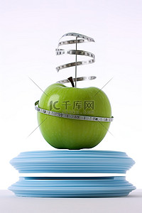 一个苹果放在天平上，周围有胶带和一个重物