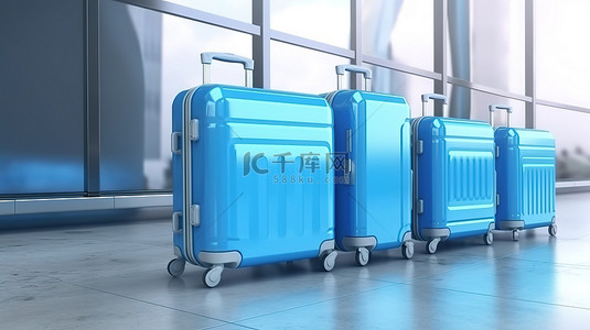 3d 蓝色硬壳行李箱与机场风景