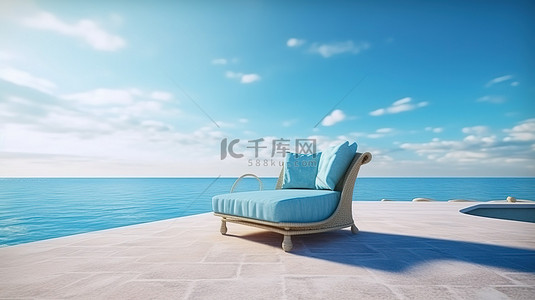 豪华躺椅的高架海滨放纵 3D 渲染