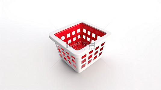 3d 渲染中的白色背景方形白色按钮图标和红色超市购物篮隔离