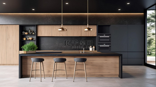 现代厨房 3d 渲染中的现代木制橱柜和时尚的深色内饰