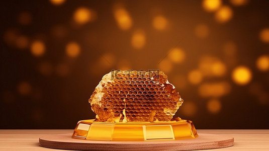 蜜蜂背景图片_3D 支架上的天然蜜蜂基座模型，带有蜂窝背景产品展示