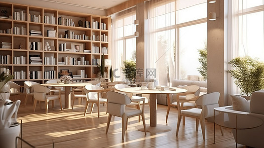 客餐厅空间背景图片_带餐厅和图书馆区的现代生活空间 3D 渲染