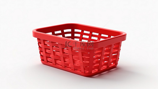 白色背景下隔离的商店中红色购物篮的 3D 渲染