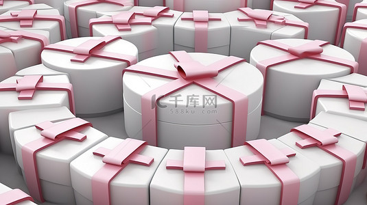 礼物盒礼盒背景图片_鸟瞰一圈白色礼物盒，上面装饰着粉红色丝带，背景是通过 3D 渲染创建的