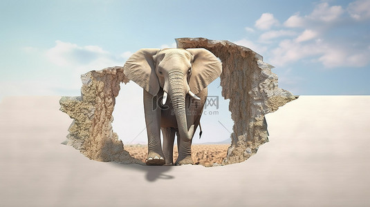 裂缝背景图片_大象从墙壁裂缝中出现的 3D 插图