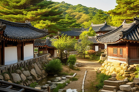 一个传统的韩国村庄被树林包围