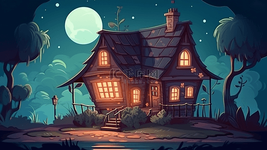 小屋夜色月亮卡通插画背景
