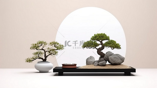 健康ppt背景图片_日本石讲台和盆景树在白色背景上的 3D 渲染，非常适合演示