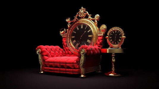 宝座红背景图片_黑色背景的 3D 渲染与孤立的红王宝座闹钟美元和比特币