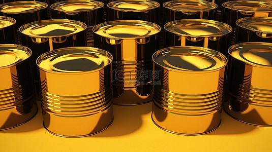 工业环境中的金色金属桶铁桶金字塔描绘黄色背景上昂贵的柴油 3d 渲染