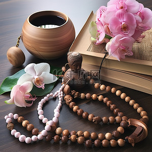 飘花手镯背景图片_四件事佛教茶杯串珠手镯马拉和一朵花