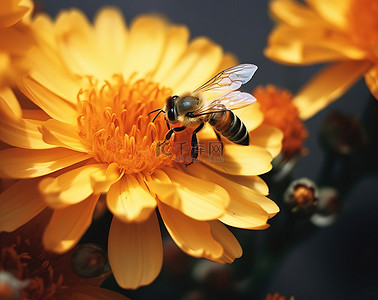 正在上的动画背景图片_一只蜜蜂正在为一朵橙花授粉