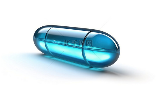 白色背景上单独站立的单个蓝色药丸胶囊的 3D 渲染