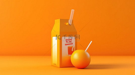 生动的橙色背景下橙汁纸盒玻璃和纸板包装的 3D 插图