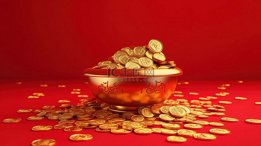 金融红色海报背景图片_充满活力的红色背景上的金色中国繁荣象征 3D 渲染图像为中国新年庆祝活动