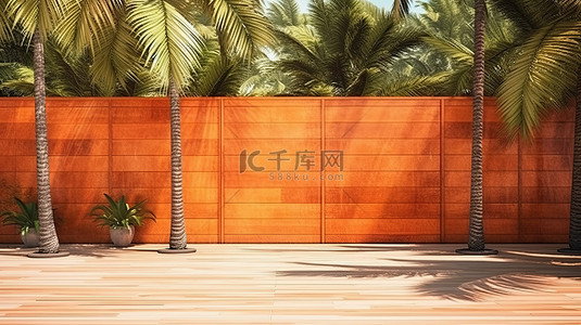 热带天堂 3D 渲染沙滩上的橙色木墙，有异国情调的棕榈树和清澈的蓝天