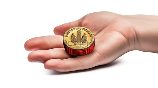 白色背景上卡通手握着的卢布硬币的 3D 插图