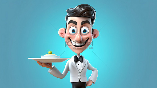 男服务员背景图片_卡通服务员发出邀请的 3D 插图