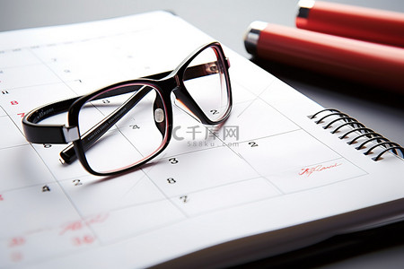 笔记本上的眼镜和桌面上的笔和日历