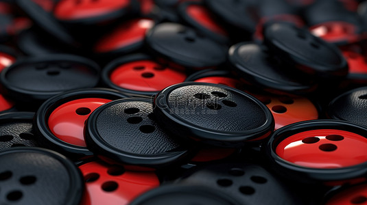 缝纫按钮的背景为黑色，在极端特写 3D 渲染中带有红色流行