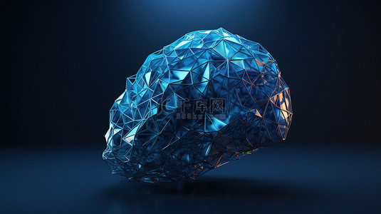 深蓝色背景与 3d 闪亮的多边形大脑