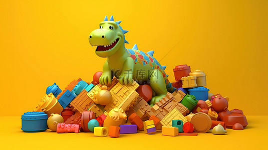 彩色长方形盒子背景图片_带有clayzilla的黄色背景3d儿童发育玩具