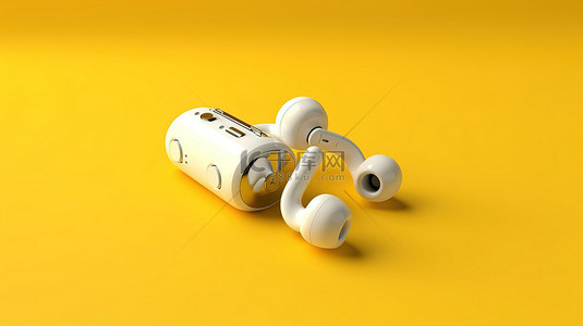 3D 渲染无线耳机在充满活力的黄色背景下呈白色
